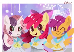 Size: 1783x1242 | Tagged: safe, artist:efuji_d, apple bloom, scootaloo, sweetie belle, earth pony, pegasus, pony, unicorn, g4, adorabloom, clothes, cute, cutealoo, cutie mark crusaders, diasweetes, female, filly, foal, heart eyes, sailor uniform, starry eyes, uniform, wingding eyes