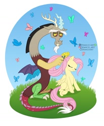 Size: 1200x1453 | Tagged: safe, artist:demico_art, discord, fluttershy, butterfly, draconequus, pegasus, pony, g4, the last problem, beard, eyes closed, facial hair, female, flower, grass, instagram, male, older, older fluttershy, ship:discoshy, shipping, sky, smiling, straight, wings