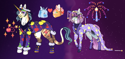 Size: 2530x1207 | Tagged: safe, artist:malinraf1615, applejack, trixie, oc, oc:gala royal, oc:mystique (ice1517), earth pony, pony, unicorn, boots, cape, chest fluff, clothes, cowboy boots, cowboy hat, ear piercing, earring, eyebrow piercing, eyeshadow, female, gloves, grin, hat, jewelry, leonine tail, lesbian, lip piercing, magical lesbian spawn, makeup, male, mare, markings, necklace, offspring, parent:applejack, parent:trixie, parents:tripplejack, piercing, raised hoof, shipping, shirt, shoes, smiling, stallion, suit, tail, tripplejack