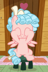 Size: 696x1040 | Tagged: safe, screencap, cozy glow, pegasus, pony, g4, marks for effort, season 8, animated, bow, clubhouse, covered eyes, covering eyes, cozybetes, cropped, crusaders clubhouse, curly mane, cute, excited, female, filly, foal, freckles, gif, peekaboo, ribbon, rug, sitting, small wings, solo, stool, talking, two toned mane, wings