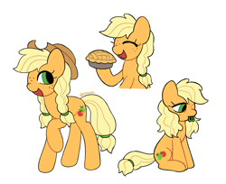 Size: 1227x1000 | Tagged: safe, artist:risswm, applejack, earth pony, pony, g4, apple, apple pie, applejack's hat, braid, cowboy hat, cute, female, food, freckles, hat, jackabetes, mare, pie, redesign, simple background, sitting, solo, white background