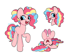 Size: 1280x974 | Tagged: safe, artist:risswm, pinkie pie, earth pony, pony, g4, bow, female, lying down, mare, on back, open mouth, open smile, redesign, simple background, smiling, solo, tail, tail bow, white background