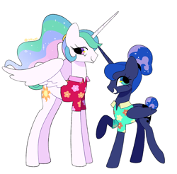 Size: 1016x1000 | Tagged: safe, artist:risswm, princess celestia, princess luna, alicorn, pony, between dark and dawn, g4, alternate hairstyle, clothes, duo, female, hawaiian shirt, height difference, horn, long horn, long legs, long mane, looking away, mare, partially open wings, royal sisters, shirt, siblings, simple background, sisters, smiling, tall, white background, wings