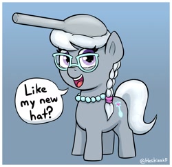 Size: 1514x1464 | Tagged: safe, artist:heretichesh, silver spoon, earth pony, pony, g4, cute, dialogue, female, filly, foal, glasses, gradient background, jewelry, necklace, pearl necklace, solo, speech bubble, spoon, talking to viewer