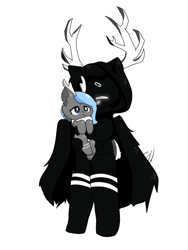 Size: 3075x4096 | Tagged: safe, artist:chainedbozu, oc, oc only, oc:nappy, oc:two2sleepy, deer, deer pony, original species, peryton, pony, anthro, anthro with ponies, antlers, clothes, duo, furry, holding a pony, hoodie, hug, roblox, simple background, socks, thigh highs, transparent background, void, wings