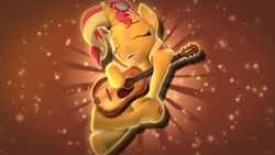 Size: 3840x2160 | Tagged: safe, artist:nebby14, sunset shimmer, pony, unicorn, g4, 3d, cute, guitar, high res, musical instrument, shimmerbetes, solo, source filmmaker, stars, sunglasses