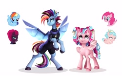 Size: 4096x2560 | Tagged: safe, artist:buvanybu, cozy glow, fizzlepop berrytwist, pinkie pie, rainbow dash, tempest shadow, pegasus, pony, g4, alternate hairstyle, artificial wings, augmented, bipedal, bow, cute, eye scar, eyepatch, freckles, fusion, hair bow, high res, lidded eyes, lightning, looking at you, mechanical wing, scar, simple background, skinsuit, smiling, smiling at you, spread wings, tongue out, white background, wings