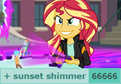 Size: 1280x888 | Tagged: safe, edit, edited screencap, screencap, bright idea, rainbow dash, sunset shimmer, derpibooru, equestria girls, g4, my little pony equestria girls: friendship games, 66666, evil smile, grin, implied sunset satan, magic capture device, meta, number of the beast, smiling, solo focus, sunedge shimmer, yes