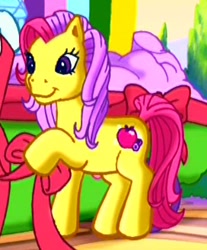 Size: 272x328 | Tagged: safe, screencap, apple spice, bowtie (g3), earth pony, pony, g3, the princess promenade, cropped, cute, dexterous hooves, female, friendship and flowers, garden, mare, offscreen character, parade, ribbon, smiling, solo, solo focus, spiceabetes