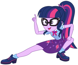 Size: 3034x2547 | Tagged: safe, artist:sketchmcreations, sci-twi, twilight sparkle, equestria girls, equestria girls specials, g4, my little pony equestria girls: better together, my little pony equestria girls: holidays unwrapped, the cider louse fools, clothes, crouching, female, geode of telekinesis, glasses, high res, magical geodes, open mouth, open smile, pointing, ponytail, simple background, skirt, smiling, solo, transparent background, vector