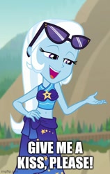 Size: 378x600 | Tagged: safe, edit, edited screencap, screencap, trixie, equestria girls, equestria girls specials, g4, my little pony equestria girls: better together, my little pony equestria girls: forgotten friendship, beach, bikini, bronybait, caption, clothes, female, hand on hip, implied kissing, open mouth, sarong, solo, swimsuit, text