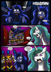 Size: 1280x1808 | Tagged: safe, artist:darklamprey, princess celestia, princess luna, alicorn, pony, comic:equestria's war of the worlds, g4, canterlot castle, celestia's bedroom, comic, crossover, dialogue, flashback, luna's bedroom, panic, prophecy, royal guard, royal sisters, screaming, siblings, sisters, speech bubble, sweat, the war of the worlds, waking up