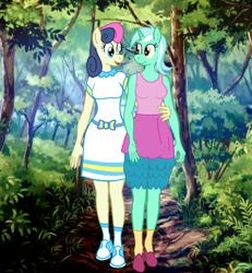 Size: 1080x1171 | Tagged: safe, artist:ledorean, bon bon, lyra heartstrings, sweetie drops, earth pony, pony, unicorn, anthro, plantigrade anthro, g4, clothes, duo, equestria girls outfit, female, forest, lesbian, looking at each other, looking at someone, mare, phone drawing, ship:lyrabon, shipping