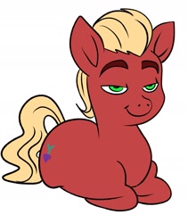 Size: 1578x1866 | Tagged: safe, artist:lordmarukio, sprout cloverleaf, earth pony, pony, g5, my little pony: a new generation, behaving like a cat, lying, male, ponyloaf, prone, simple background, smug, solo, sproutbetes, stallion, thick eyebrows, white background