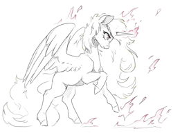 Size: 3000x2312 | Tagged: safe, artist:flaming-trash-can, oc, oc only, unnamed oc, alicorn, pony, alicorn oc, frown, high res, horn, rearing, simple background, solo, spread wings, white background, wings