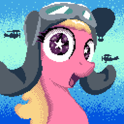 Size: 512x512 | Tagged: safe, artist:anonymous, cherry berry, earth pony, pony, g4, aviator goggles, aviator hat, female, goggles, hat, hot air balloon, looking at you, mare, pixel art, plane, smiling, solo, starry eyes, wingding eyes