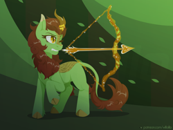 Size: 1600x1200 | Tagged: safe, artist:willoillo, oc, oc only, oc:meadow glade, kirin, fallout equestria, arrow, bow, bow (weapon), bow and arrow, commission, fallout equestria: guardians of the wastes, female, glowing, glowing horn, horn, kirin oc, magic, magic aura, one eye closed, raised hoof, solo, teeth, telekinesis, weapon