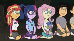 Size: 1280x720 | Tagged: safe, fluttershy, sci-twi, spike, spike the regular dog, sunset shimmer, twilight sparkle, dog, human, equestria girls, g4, big time rush, camp everfree outfits, carlos pena, crossover, eddy misbehaves at camp goville, frightened, goanimate, hands on knees, logan henderson