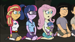Size: 1280x720 | Tagged: safe, fluttershy, sci-twi, spike, spike the regular dog, sunset shimmer, twilight sparkle, dog, human, equestria girls, g4, big time rush, camp everfree outfits, carlos pena, crossover, eddy misbehaves at camp goville, frightened, goanimate, hands on knees, logan henderson