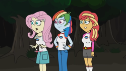 Size: 1280x720 | Tagged: safe, fluttershy, rainbow dash, sunset shimmer, equestria girls, g4, camp everfree outfits, eddy misbehaves at camp goville, female, forest, goanimate, lesbian, scared, shaking, ship:flutterdash, shipping, trio, worried