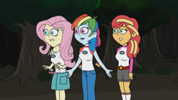 Size: 1280x720 | Tagged: safe, fluttershy, rainbow dash, sunset shimmer, equestria girls, g4, camp everfree outfits, eddy misbehaves at camp goville, female, forest, goanimate, lesbian, scared, shaking, ship:flutterdash, shipping, talking, trio, worried