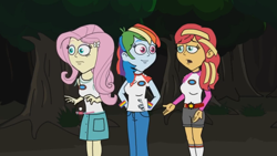 Size: 1280x720 | Tagged: safe, fluttershy, rainbow dash, sunset shimmer, equestria girls, g4, camp everfree outfits, eddy misbehaves at camp goville, female, forest, goanimate, lesbian, scared, shaking, ship:flutterdash, shipping, talking, trio, turned head