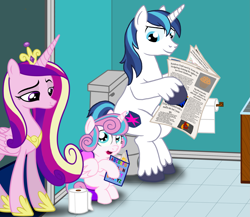 Size: 2363x2050 | Tagged: source needed, safe, anonymous artist, princess cadance, princess flurry heart, shining armor, alicorn, pony, unicorn, g4, but why, father and child, father and daughter, female, high res, implied big macintosh, implied derpy, implied pooping, implied rainbow dash, innocent, male, mare, mother and child, mother and daughter, newspaper, pooping together, potty, potty time, potty training, sequel, sitting, sitting on toilet, stallion, toilet, toilet paper