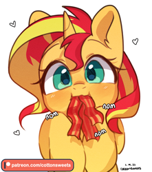 Size: 1949x2204 | Tagged: safe, artist:cottonsweets, sunset shimmer, pony, unicorn, g4, adorable face, bacon, bacon hair, bust, cute, dated, eating, female, floating heart, food, heart, high res, hooves to the chest, horn, looking at you, mare, meat, nom, omnivore sunset, patreon, patreon link, patreon logo, ponies eating meat, shimmerbetes, signature, simple background, solo, subversion, subverted meme, sunset wants her old digestive system back, weapons-grade cute, white background