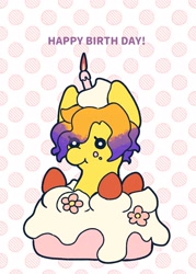 Size: 1829x2552 | Tagged: safe, artist:tao_yamata, oc, oc only, oc:moth, earth pony, pony, birthday candles, cake, candle, female, food, happy birthday, mare, polka dot background, ponies in food, smiling, solo