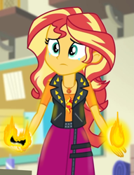 Size: 783x1024 | Tagged: safe, editor:horsesplease, sunset shimmer, equestria girls, equestria girls specials, g4, my little pony equestria girls: better together, my little pony equestria girls: holidays unwrapped, o come all ye squashful, crying, fiery shimmer, fire, pyromancy, pyromaniac, sad