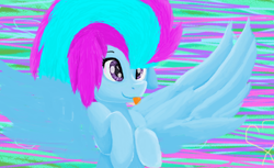 Size: 1420x868 | Tagged: safe, artist:janeblood969, oc, oc only, oc:stacey lightning dash, pegasus, pony, :p, abstract background, cute, female, happy, mare, ocbetes, pegasus oc, smiling, solo, spread wings, tongue out, wings