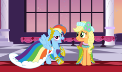 Size: 3856x2272 | Tagged: safe, artist:philiptomkins, artist:sapphirebeam, artist:sugarcubecreationz, applejack, rainbow dash, earth pony, pegasus, pony, g4, blushing, clothes, dress, duo, embarrassed, female, gala dress, high res, lesbian, rainbow dash always dresses in style, ship:appledash, shipping, spread wings, wings