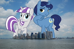 Size: 1502x999 | Tagged: safe, artist:cheezedoodle96, artist:thegiantponyfan, edit, night light, twilight velvet, pony, unicorn, g4, female, giant pony, giantess, highrise ponies, irl, macro, male, manhattan, mare, new york, new york city, photo, ponies in real life, stallion, story included, united states