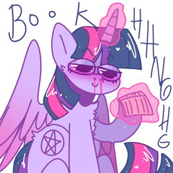 Size: 2048x2048 | Tagged: safe, artist:oniixide, twilight sparkle, alicorn, pony, g4, alternate cutie mark, blood, book, chest fluff, female, high res, lidded eyes, magic, mare, nosebleed, pentagram, simple background, solo, telekinesis, that pony sure does love books, twilight sparkle (alicorn), white background