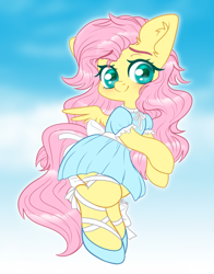 Size: 2200x2800 | Tagged: safe, artist:etoz, fluttershy, pegasus, pony, semi-anthro, g4, arm hooves, bipedal, blushing, bow, clothes, colored pupils, cute, daaaaaaaaaaaw, dress, eyebrows, eyebrows visible through hair, female, high res, looking at you, mare, shyabetes, sky, smiling, smiling at you, wingding eyes, wings