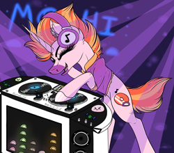 Size: 4248x3733 | Tagged: safe, artist:beamybutt, oc, oc only, pony, unicorn, abstract background, ear fluff, eyes closed, headphones, hoof polish, horn, smiling, solo, turntable, unicorn oc