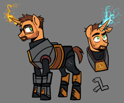 Size: 1232x1022 | Tagged: safe, artist:gearbroth, pony, unicorn, facial hair, glasses, gordon freeman, gray background, half-life, hev suit, magic, male, ponified, signature, simple background, solo, stallion
