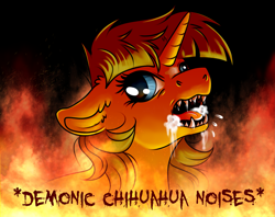 Size: 3315x2630 | Tagged: safe, artist:julunis14, oc, oc only, oc:ayza, chihuahua, dog, pony, unicorn, angry, behaving like a dog, ear fluff, fangs, female, fire, floppy ears, foaming at the mouth, high res, mare, meme, open mouth, ponified meme, rabies, solo, text, x intensifies