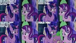 Size: 1280x720 | Tagged: safe, edit, edited screencap, editor:quoterific, screencap, spike, starlight glimmer, twilight sparkle, alicorn, dragon, pony, unicorn, every little thing she does, g4, season 6, eyes closed, female, implied pinkie pie, male, mare, open mouth, open smile, smiling, twilight sparkle (alicorn), twilight's castle