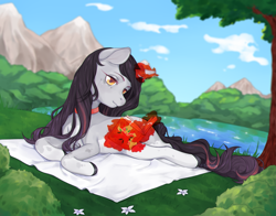 Size: 2763x2171 | Tagged: safe, artist:qawakie, oc, oc only, pony, unicorn, choker, cloud, female, glowing, glowing horn, high res, horn, lying down, magic, magic aura, mare, outdoors, prone, solo, telekinesis, tree, unicorn oc