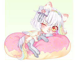 Size: 2100x1700 | Tagged: safe, artist:qawakie, oc, oc only, pegasus, pony, bow, butt, clothes, donut, food, hair bow, one eye closed, pegasus oc, pillow, plot, smiling, socks, wink