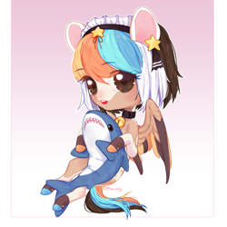 Size: 1800x1800 | Tagged: safe, artist:qawakie, oc, oc only, pegasus, pony, shark, blåhaj, eyelashes, female, hoof polish, maid, maid headdress, mare, plushie, shark plushie, smiling, wings