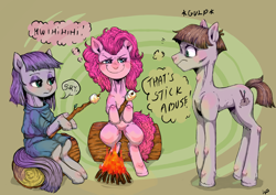 Size: 1754x1240 | Tagged: safe, artist:porcelanowyokular, maud pie, mudbriar, pinkie pie, earth pony, pony, g4, abstract background, campfire, female, fireplace, food, male, mare, marshmallow, roasted marshmallow, sitting, stallion, stick abuse