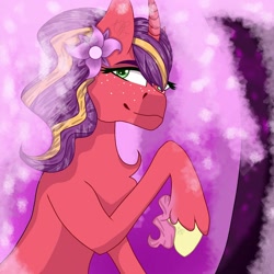 Size: 1500x1500 | Tagged: safe, artist:teonnakatztkgs, oc, oc only, pony, unicorn, female, flower, flower in hair, freckles, horn, mare, smiling, solo, unicorn oc, unshorn fetlocks