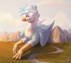 Size: 1080x960 | Tagged: safe, artist:miurimau, oc, oc only, griffon, griffon oc, macro, male, outdoors, river, smiling, solo, water, wings