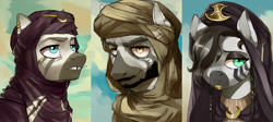 Size: 4680x2100 | Tagged: safe, artist:egil, oc, oc only, zebra, equestria at war mod, braid, bust, facial hair, female, headgear, male, mare, portrait, quadrupedal, stallion, tuareg, turban