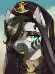 Size: 1560x2100 | Tagged: safe, artist:egil, oc, oc only, pony, zebra, equestria at war mod, braid, bust, female, frown, headgear, lidded eyes, mare, portrait, quadrupedal, solo, tuareg, unamused