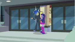 Size: 3410x1920 | Tagged: safe, screencap, flash sentry, twilight sparkle, equestria girls, g4, my little pony equestria girls, bare shoulders, boots, canterlot high, clothes, eyes closed, fall formal outfits, female, high res, male, shoes, sleeveless, smiling, strapless, suit, twilight ball dress