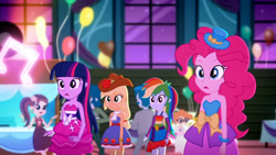 Size: 3410x1920 | Tagged: safe, screencap, applejack, captain planet, pinkie pie, rainbow dash, rose heart, scribble dee, thunderbass, twilight sparkle, a photo booth story, equestria girls, g4, my little pony equestria girls: summertime shorts, applejack's hat, bare shoulders, belt, clothes, cowboy hat, cutie mark on clothes, fall formal outfits, female, hat, high res, male, open mouth, sleeveless, strapless