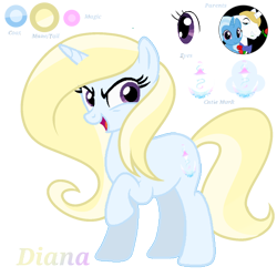 Size: 1280x1280 | Tagged: safe, artist:novaskylightstar, prince blueblood, trixie, oc, oc:diana, pony, unicorn, g4, female, full body, hooves, horn, male, mare, offspring, open mouth, open smile, parent:prince blueblood, parent:trixie, parents:bluetrix, purple eyes, raised hoof, reference sheet, ship:bluetrix, shipping, show accurate, simple background, smiling, stallion, standing, straight, tail, transparent background, two toned mane, two toned tail, unicorn oc
